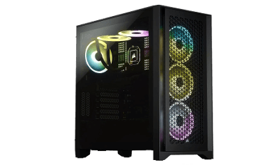 3D graphic of a computer case with rainbow-colored fans.
